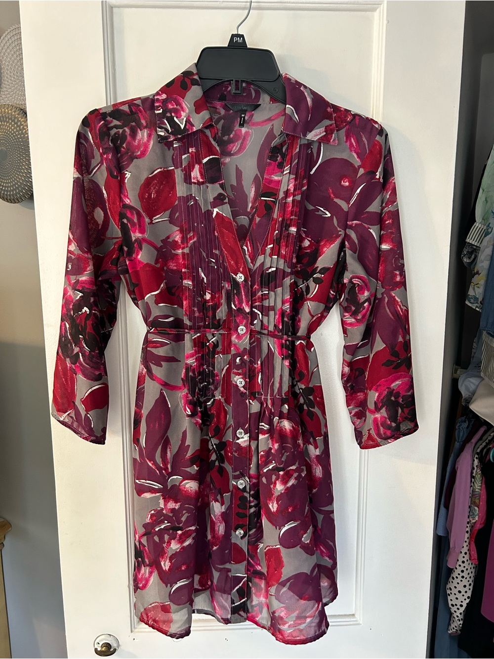 Daisy Fuentes Burgundy and Pink Floral Sheer Button-Front Blouse